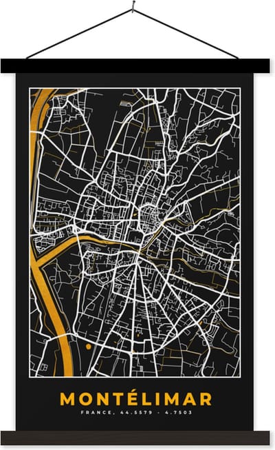 Posterhanger incl. Poster 40x60 cm - Schoolplaat - Kaart - Frankrijk - Stadskaart - Plattegrond - Montélimar - Textielposter - Zwarte latten - Stadskaart