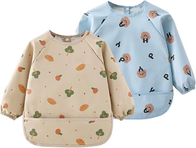 Waterdichte Slabbetjes voor Baby's, 2-Pack Lange Mouwen, Machinewasbaar en Makkelijk Schoon te Maken, Geschikt voor Kinderen van 6-36 Maanden, Khaki en Blauw