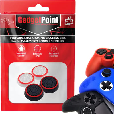 Gadgetpoint - Thumb Grips voor PlayStation, PS5, Xbox X/S, One & Switch Pro Controller - Gaming Thumbgrips - Performance Anti-Slip Thumbsticks - Bescherming Accessoires - Wit Rood en Zwart Rood