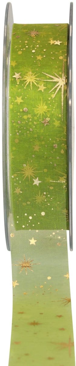 Lint Kerst, organza lint groen sterpatroon 25mm 25m