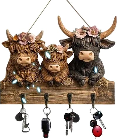Haken - Sleutelhanger - Highland Cow Design - Wandsleutelhanger - Sleutelhaken - Kledinghanger met 4 haken - Koevormige wanddecoratieplank geschikt voor binnengangen en slaapkamers