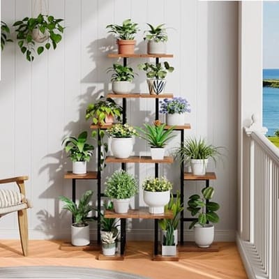 Sierra, 7-laags plantenstandaard, 120 cm hoog, bloemenstandaard voor binnen, vierkant plantenrek, bloemenkrukje, bloemenrek voor woonkamer, balkon, terras, vintage bruin en zwart EBF01HJ01
