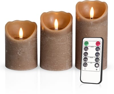 Meisterhome – 3 x Led Stompkaars Rustiek - Coyote bruin – Stompkaars Echte wax – Led kaarsen - 10 / 12.5 / 15 cm Hoog - Met afstandsbediening – Timer 2/4/6/8 uur - Dimbaar