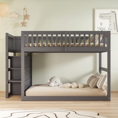 Laag Stapelbed 140x200 cm, Houten Kinderbed met Veilig Hekje en Opbergruimte, Grijs