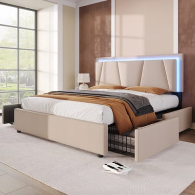 VVBV Gestoffeerd Opbergbed met Opbergruimte 160x200 cm - 4 Lades, LED-Verlichting, Lattenbodem - Hout Beige - Zonder Matras