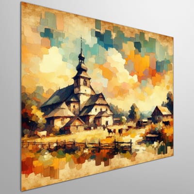 Olieverf aquarel schilderij | Kleurrijke verbeelding van landschap in olie en aquarel kunstwerk | Kunst - 100x100 centimeter op Dibond | Foto op Dibond
