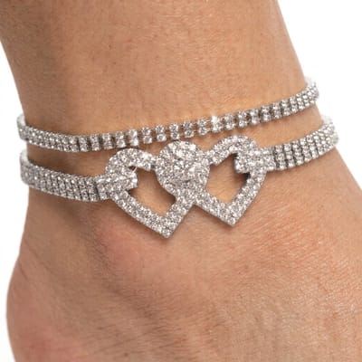 Zilverkleurig enkelbandje voor dames – dubbele enkelketting met hartvorm en strass steentjes – verstelbaar enkelbandje – glanzend elegant sieraad