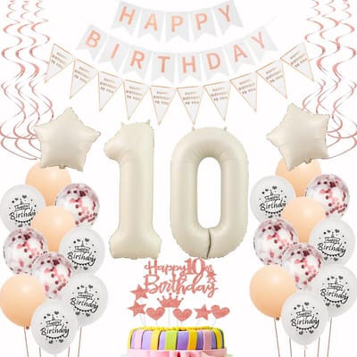 Dailygoods- Ballonnen 10 Jaar Verjaardag - Beige/Roségoud - Latexballonnen - Confettiballonnen - Sterballonnen - Taartdecoratieset - Happy Birthday Banner - Verjaardagsdecoratie