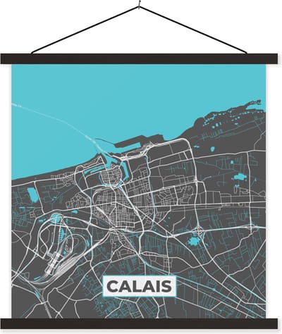 Posterhanger incl. Poster 60x60 cm - Schoolplaat - Calais - Frankrijk - Plattegrond - Kaart - Stadskaart - Textielposter - Zwarte latten - Stadskaart