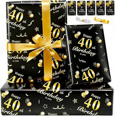 Cadeaupapier - Inpakpapier - 40e Verjaardag - Zwart Goud Design - 5x 70x50 cm - Zwart Goud