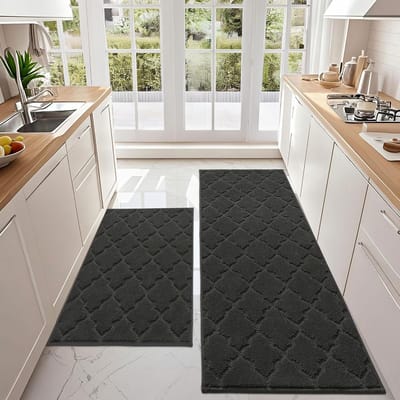 Famanu – Keukentapijt - 2 stuks - wasbaar - antislip - keukenloper - tapijtloper - voor keuken - hal - woonkamer (60 x 90 cm + 60 x 150 cm - zwart)