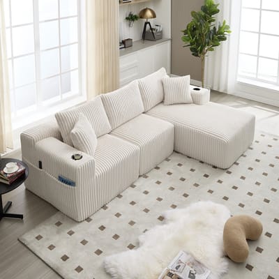 Wishdor - Modulaire Bank - Met Loungedeel En Bekerhouders - Voor Woonkamer - Ribfluweel - Beige - 257 x 160 x 62 cm