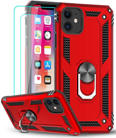 Hoesje Geschikt voor iPhone 12 Mini hoesje - Hardcase - Tough armor ring Rood + 2 stuks screenprotector