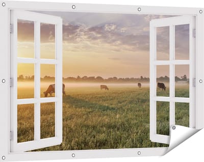 Gards Tuinposter Doorkijk Koeien in de Wei tijdens Zonsopkomst - 120x80 cm - Tuindoek - Tuindecoratie - Wanddecoratie buiten - Tuinschilderij