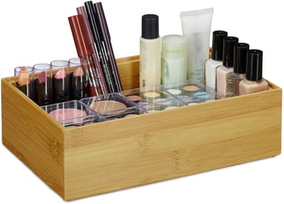 4x bamboe organizer, stapelbaar, natuurlijke look, opbergbox voor keuken of werkkamer, HxBxD: 7 x 23 x 15 cm, natuur