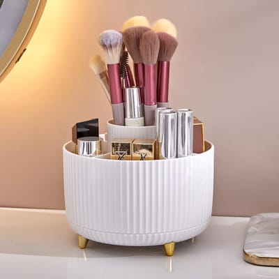 1 stuk - Make-updoos - Opbergbuis - Opbergdoos voor make-upborstelhouder - 360° draaibare cosmetica-opslag - 5-gleuven make-upborstelbeker - wit