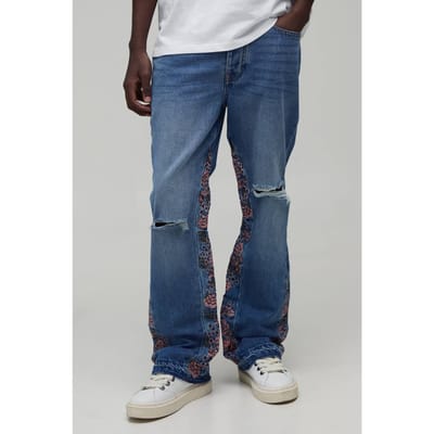 Slim Flared Jeans Met Gescheurde Knieën En Bloemeninserts | Mid Blue | Size 28R