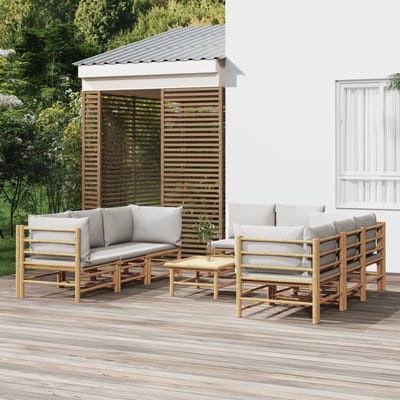 vidaXL - 9-delige - Loungeset - met - kussens - bamboe - lichtgrijs