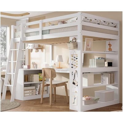 ModernLuxe Hoogbed 90×200 cm - met bureau - met opbergplank - met veiligheidsladder - massief hout + MDF - wit (zonder matras)