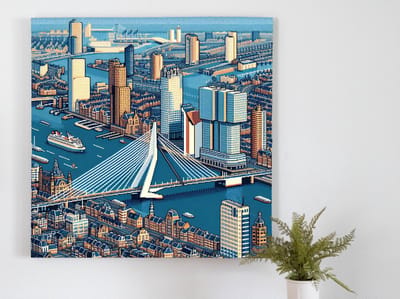 Pixel art rotterdam schilderij | Rotterdamse skyline in abstracte pixelkunst: een kleurrijke stadssymfonie | Kunst - 100x100 centimeter op Dibond | Foto op Dibond