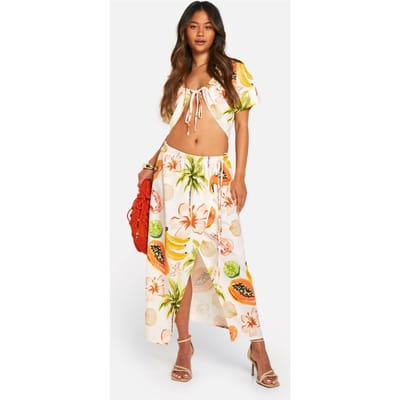 boohoo Dames Hammered Palmprint Shirt met geplooide voorkant & Wrap Midaxi Rok | Light Stone | Maat: 6