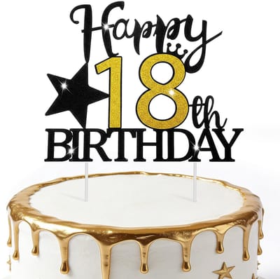 Dailygoods- Taartdecoratie 18e Verjaardag - Happy 18th Birthday Taarttopper - Zwart/Goud Glitter - Houten Stokjes - Hoogwaardig Karton - Lichtgewicht en Stevig