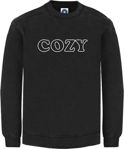 Huissweater - Huistrui - Sweater - Zwart - WITTE tekst COZY - ruimzittend - LARGE Design by Eizook