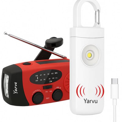 Yarvu ® - 6 IN 1 Noodradio + Persoonlijke Alarm - 3 LED Zaklamp - Opwindbaar + Zonneenergie + Nood Radio Op ingebouwde Batterijen ( Accu ) - Solar Noodpakket - Voor Rampen - Draagbare - FM AM Rood