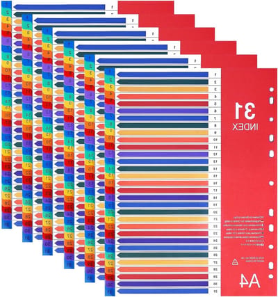 Kleurige A4 File Dividers 1-31 (6 Pack) voor Kantoor en School, Perforaties voor Mappen en Ringbanden, Organiseer Documenten Efficiënt