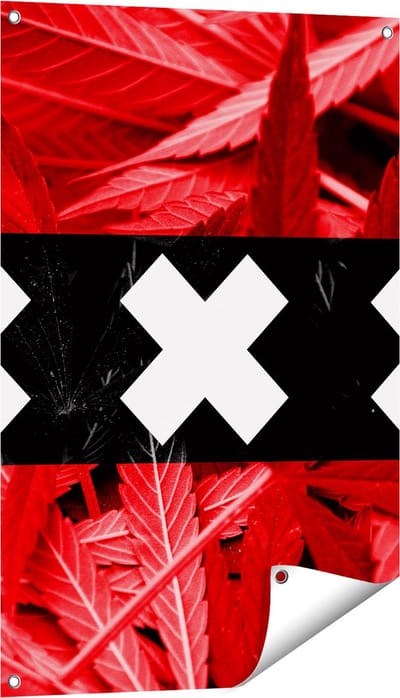Gards Tuinposter Amsterdamse Vlag met Cannabis Achtergrond - 60x90 cm - Tuindoek - Tuindecoratie - Wanddecoratie buiten - Tuinschilderij