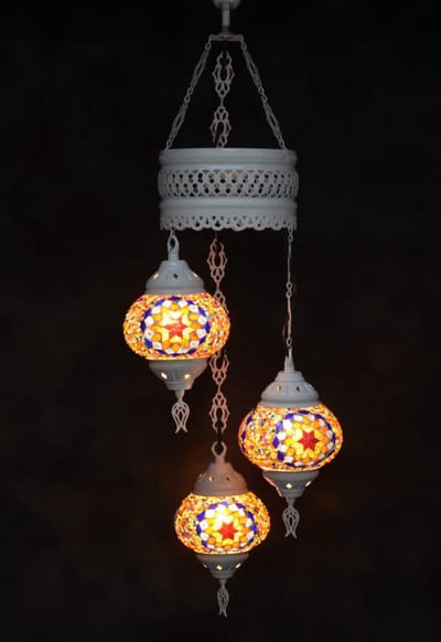 Oosterse lamp 3 glazen multicolur oranje bollen mozaiek kroonluchter
