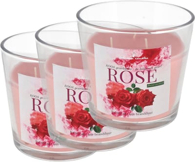 Geurkaarsen Roos in Glas - Set van 3 Grote Geurkaarsen - 3 Lonten - Rose Scented Candle - 48 Branduren