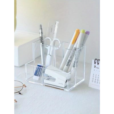 Porte-stylos transparent en acrylique à 3 compartiments, boîte de rangement multifonctionnelle simple et élégante pour bureau et bureau d'étudiant Rentrée scolaire 1pc pur