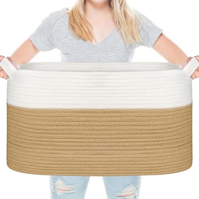 Dailygoods- Wasmand 65 L - Opbergmand - Speelgoedmand - Opvouwbaar - Jute/Wit - 55 x 38 cm - Geschikt voor was en speelgoed