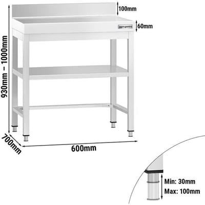 GGM Gastro Edelstahl Arbeitstisch PREMIUM - 600x700mm - mit Grundboden, Aufkantung & Verstrebung Zilver