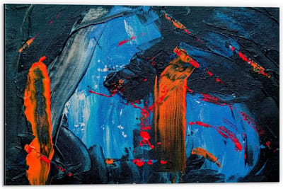 Dibond - Schilderij Verfstrepen (zwart/blauw/oranje) - 60x40cm Foto op Aluminium (Met Ophangsysteem)