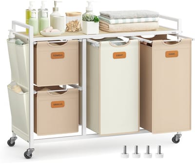 VASAGLE - Wasmand - Wassorteerder - Met 4 Vakken - Uitneembare Zak - 150 L - Met Planken en 6 Labels