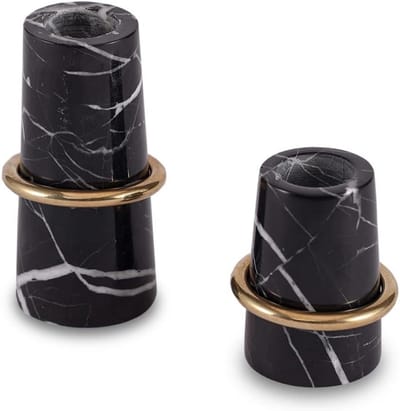 Marmeren Kaarsenstandaards - Set van 2 - Sfeervol Dineren - Uniek Natuurlijk Materiaal - Voor 2cm Kaarsen - Zwart Wit