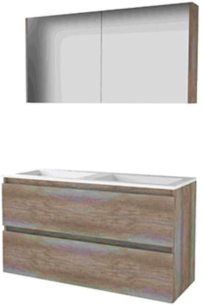 Basic-Line Comfort 46 Badkamermeubelset - 120 x 46 cm - Greeploos - 2 Lades - Acryl Wastafel - 2 Kraangaten - Spiegelkast - Scotch Oak