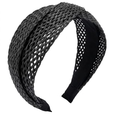 Zwarte gevlochten haarband – dames diadeem in rotanlook – brede haaraccessoire met kruismotief