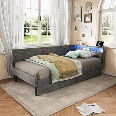 Gestoffeerd Bed - Slaapbank Dagbed - Moderne Woonkamer - Met LED en Laden - 90x200 cm - Grijs