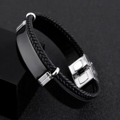 Meerlaagse Lederen Armbanden voor Mannen Vrouwen Personaliseerbaar Graveren Roestvrij Staal Casual Gepersonaliseerde Armband Bedel Sieraden Cadeau No Engrave black