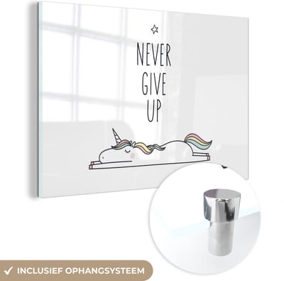 MuchoWow® Glasschilderij 120x80 cm - Schilderij acrylglas - Unicorn - Kinderen - Quotes - Never give up - Meisjes - Foto op glas - Schilderijen