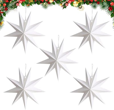 Set van 5 Witte Papieren Sterren - Vouwbare Decoratieve Sterren voor Kerstmis, Bruiloften en Feestjes - 30 cm Hangdecoratie voor Tafel, Raam en Kamers