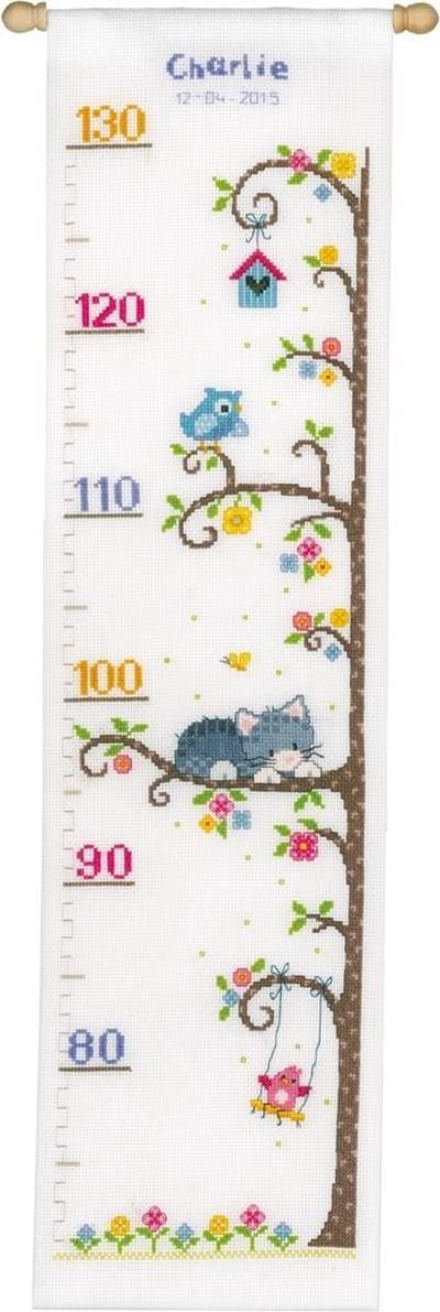 Vervaco - Telpakket kit - Geboorte - Groeimeter - Poes in boom - PN-0154532 - Borduren - Borduurpakket - Borduurpakket geboorte - Borduurpakket volwassenen