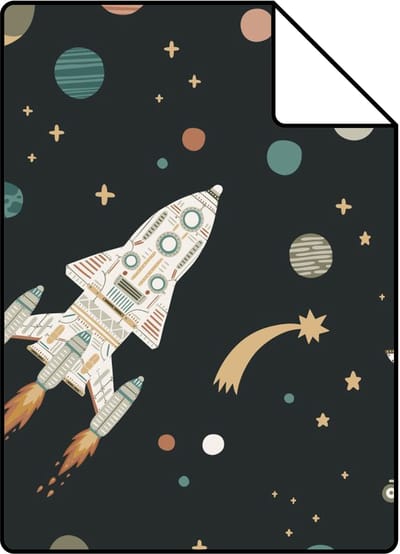 Proefstaal ESTAhome behang planeten in de ruimte zwart, groen en bruin - 26.5 x 21 cm - 132071-S