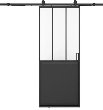 Vente-unique Schuifdeur in atelierstijl met wandbevestiging - Zwart en gehard matglas - H205 x L63 cm - ARTISTO II
