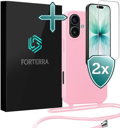 Hoesje Geschikt voor iPhone 17 Case Siliconen Hoes Met Koord Met 2x Screenprotector - Hoes Geschikt voor iPhone 17 Met Telefoonkoord Hoesje Backcover - Lichtroze