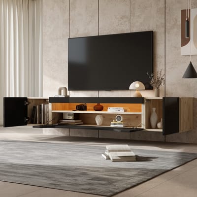 STILVORA TV-Meubel - Wandgemonteerd Met LED En 3 Opbergruimtes - Hoogglans Front En Klapdeur - Spaanplaat - 180x37x36 cm - Zwart+Beige