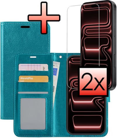 Hoesje - Met 2x Screenprotector - Geschikt voor Apple iPhone 17 Pro - Luxe Pasjeshouder - Bookcase Portemonee - Flip Case - Kunstleer Book Case - Flipcase Hoes - Book Cover - Walletcase - Portemonneehoes - Turquoise